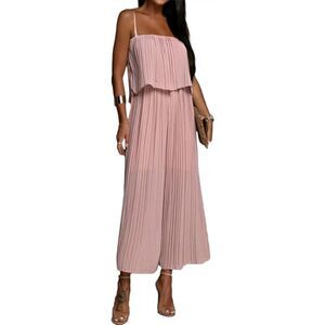 Umenlele Pink Pleated Jumpsuit Spaghetti Straps Wide Leg Pants Long Romper Sz L